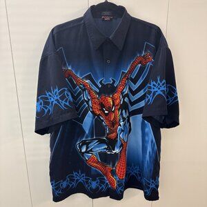 Vintage 2002 Marvel Spiderman All Over Print Blue Button Down Shirt Men XL